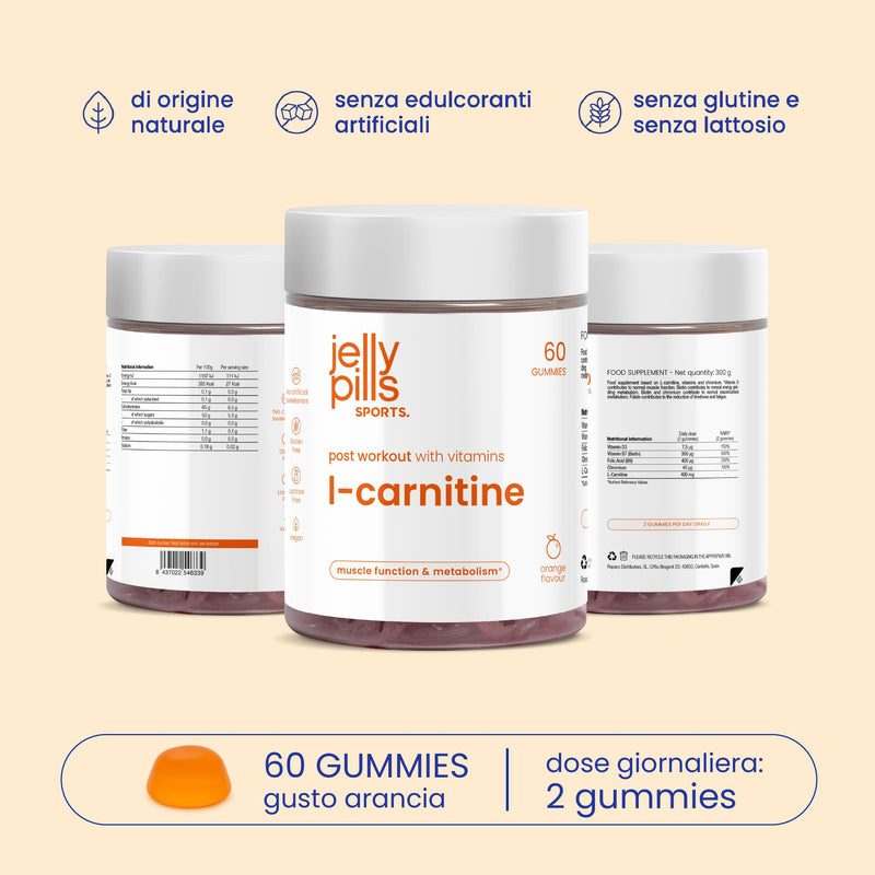 Jelly Pills Sports L-Carnitine - 60 Vegan Gummies - 400 mg L-Carnitine per Serving - Energy Metabolism and Muscle Function - Vitamins D3, B7, B9 and Chromium - Orange Flavour - 13.5 kcal per Gummy