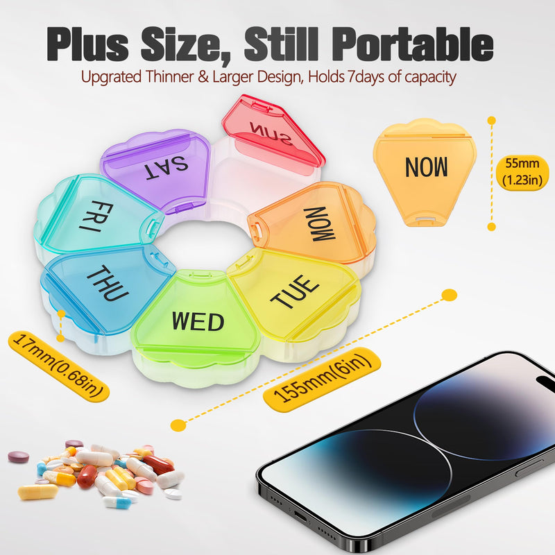 Enlarged Weekly Pill Organizer 7 Day, Daily Pill Box with Never Faded Etched 3D Date Labels, Travel Pill Case with Large Compartment for Medication, Vitamin, Fish Oil, Supplements(Rainbow) Rainbow