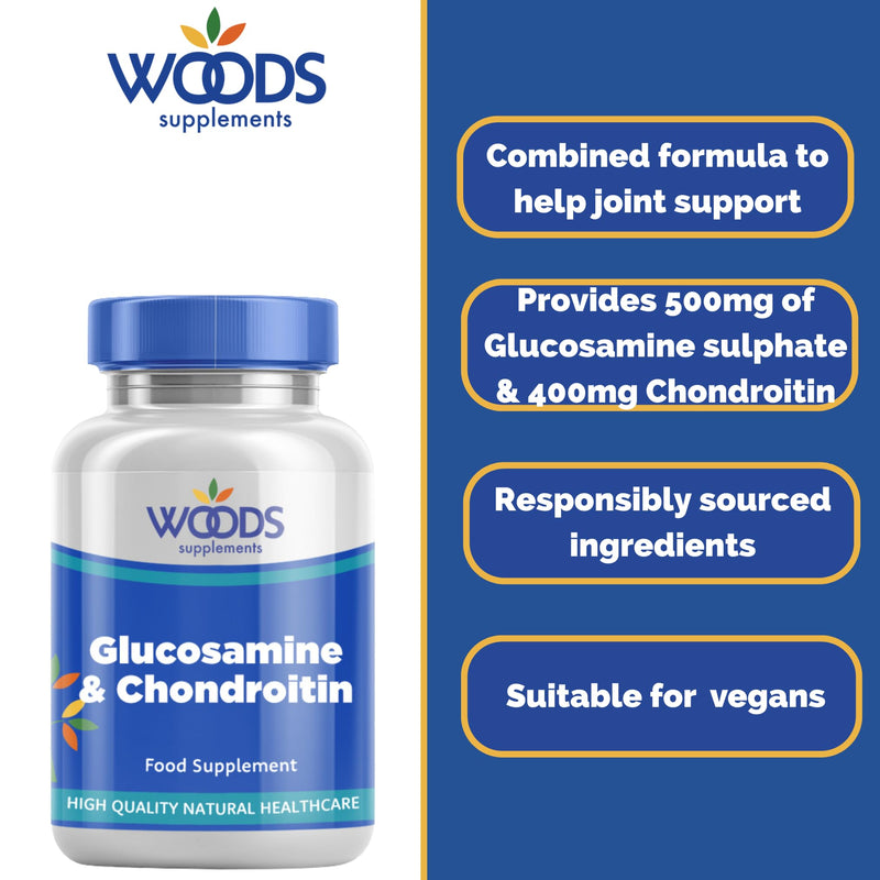 Glucosamine 500mg & Chondroitin 400mg (90 Tablets) from Woods Supplements | Dual Supplement Formulation | 16% Preparation Tablets 90