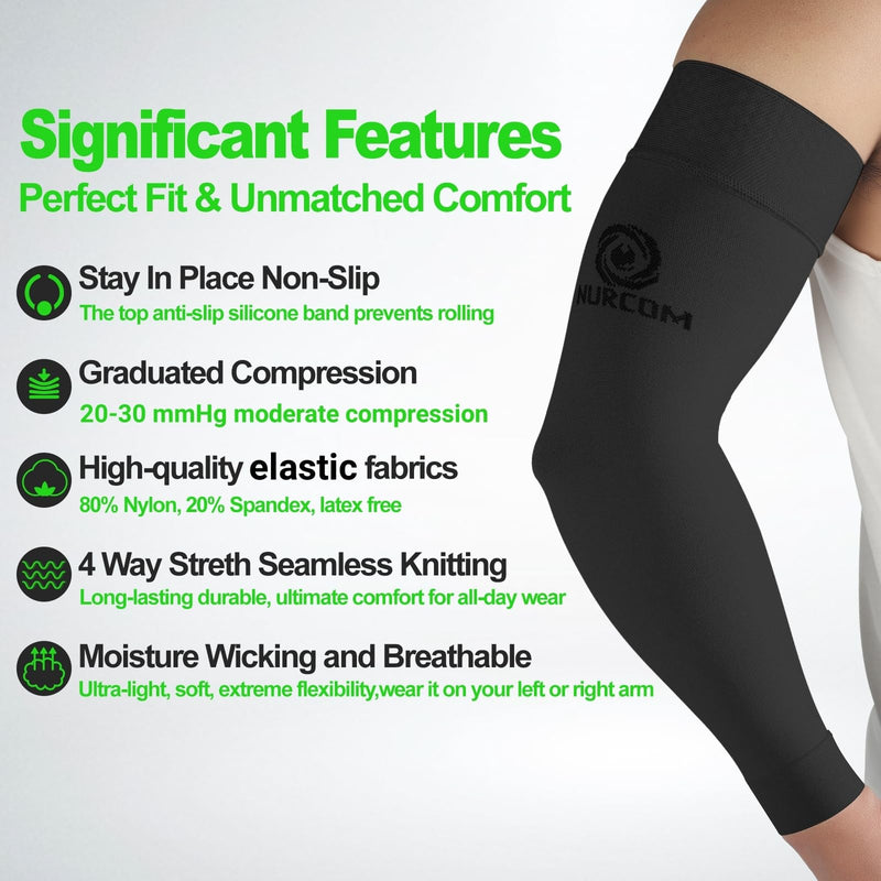 [Australia] - NURCOM® Medical Compression Arm Sleeve for Men Women, 2 Pack, No Silicone, Soft-in 20-30mmHg for Lymphedema, Lipedema, Pain Relief, Edema, Swelling, Post Surgery Recovery, Black L Large(2 Pack) Black(no Silicone) 