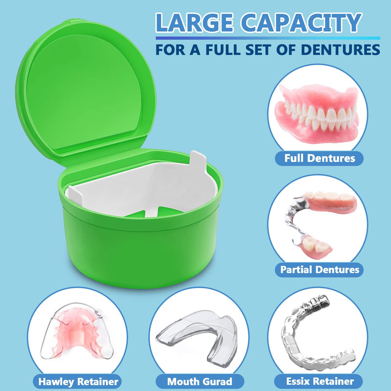 [Australia] - Colorful Denture Bath, Denture Case With Strainer For Soaking Dentures, Retainers, Mouth Guard & Night Guard, Large Denture Cup For a Set Of Full Dentures For Travelling & Daily Cleaning(Green) Green 