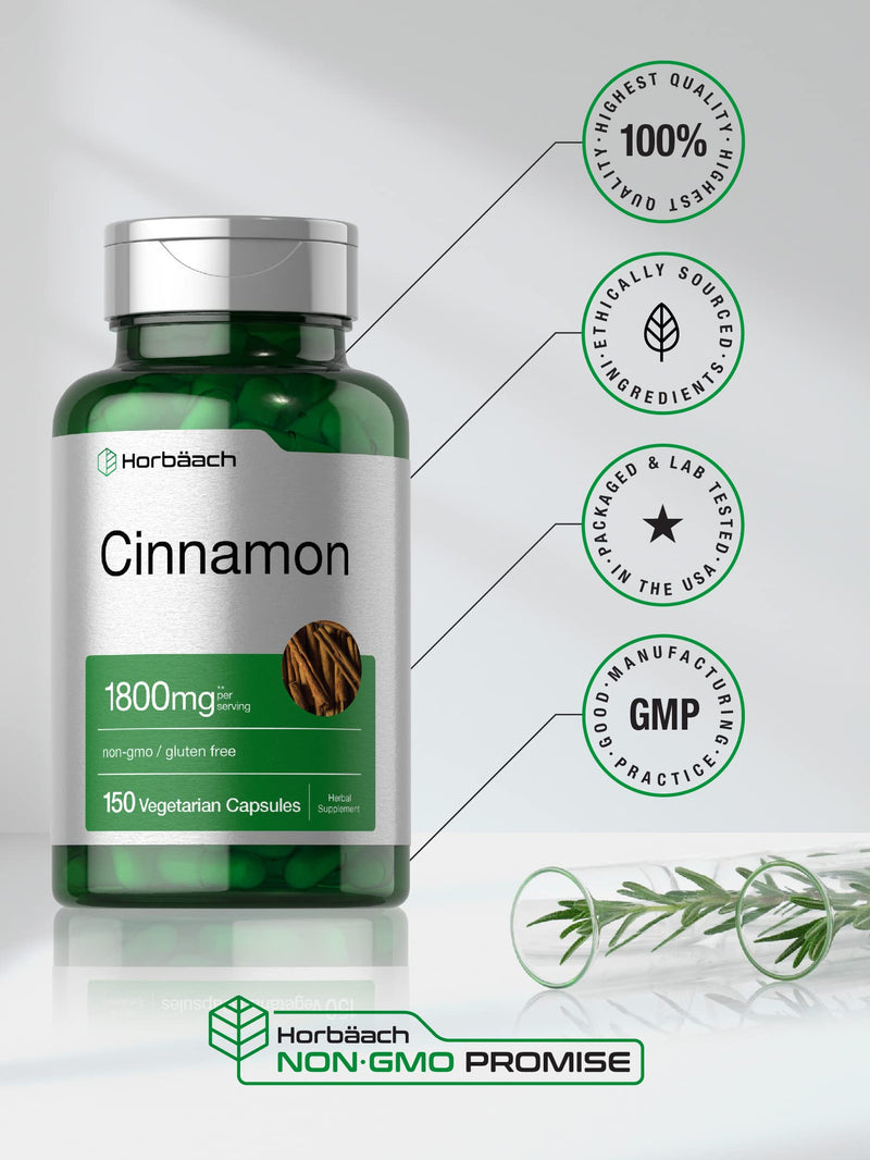 Horbaach Cinnamon Capsules 1800mg | 150 Count | Ceylon Cinnamon Supplement | Vegetarian, Non-GMO, Gluten Free