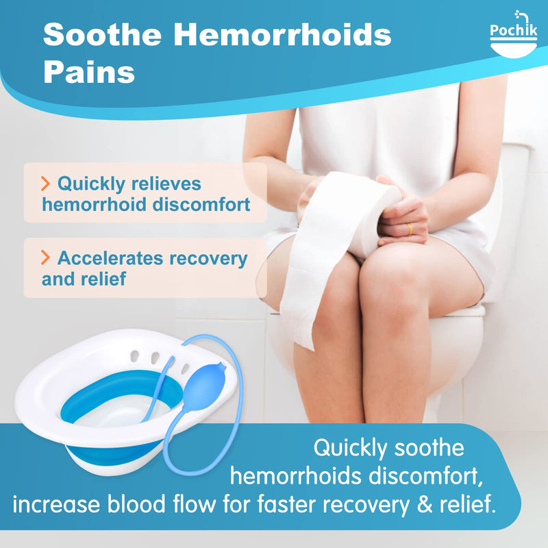 [Australia] - Sitz Bath, Sitz Bath for Hemorrhoids, Sitz Bath for Toilet Seat, Postpartum Care, Sits Bath Kit for Women, Collapsible, Flusher Hose, Drain Holes, Wider Seating Area, Deeper Bowl Blue + Flusher 