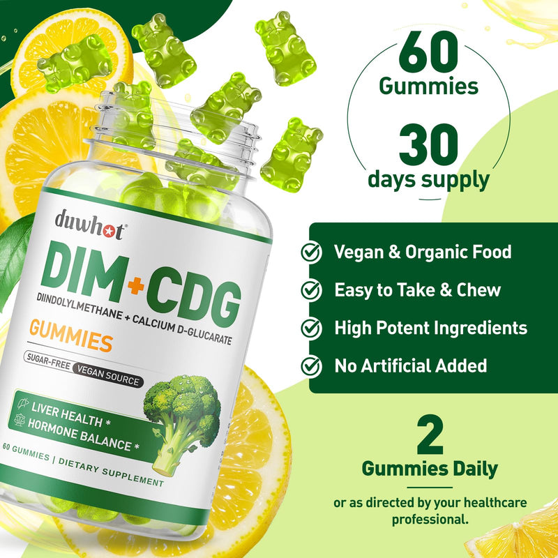 DIM Supplement with Calcium D-Glucarate, Estrogen Supplement for Adults | Hormone Balance & Liver Health Support for Women Men, DIM Calcium D Glucarate with Vitamin C & E, , Sugar-Free, 60 Gummies