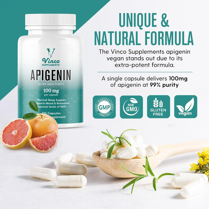 Vinco Apigenin 100mg Supplement - 120 Sleep Capsules for Better Relaxation, 99%+ Pure Natural Formula - NAD Booster, Apigenin Sleep Supplements, Natural Sleep Aid for Adults - Made in the UK