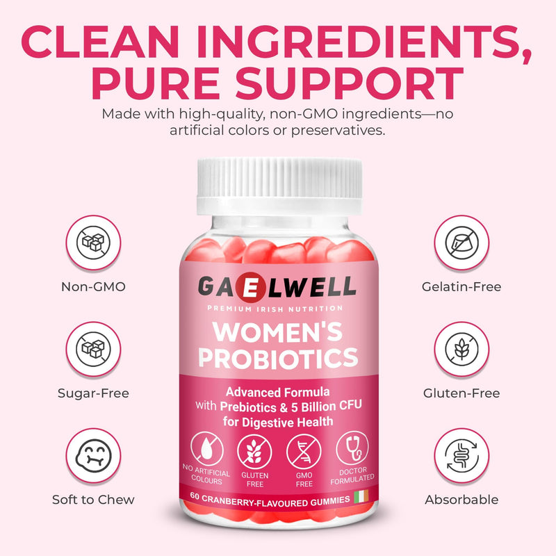 Women’s Probiotic Gummies | 5 Billion CFU, 6 Strains with Fibre | Daily Supplement for Women | Vegan, Gluten & Dairy Free | Cranberry Flavour | 60 Gummies