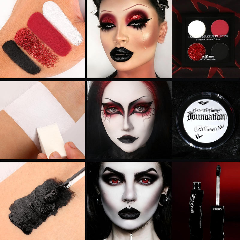 [Australia] - Afflano Goth Makeup Kit Halloween Costume, SFX Clown Goth White Foundation Face Paint, Lipstick Black Red Eyeshadow, False Eyelashes Nail Eyeliner Eyebrow Carnival Theater Emo Mime Ghost Gothic Makeup 
