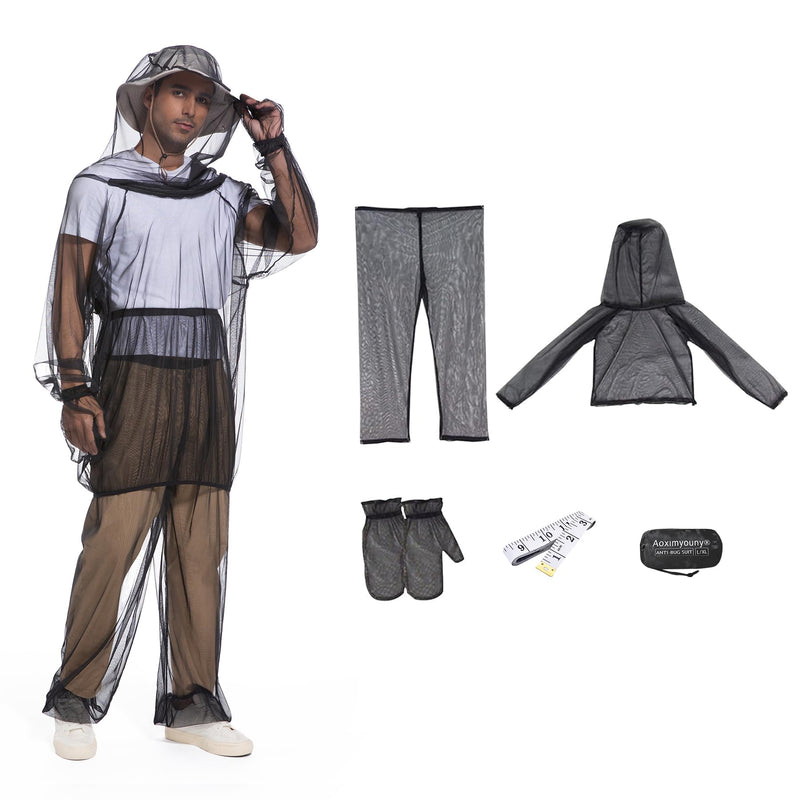 [Australia] - Premium 6-Piece Mosquito Suit-Jacket With Hood/Pants/Mitts/Gift Bag/Sun Hat/Tape Measure-Full Body Protection Bugs Clothes L/XL-With Sun Hat Black 