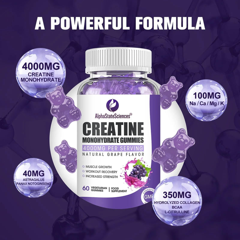 Creatine Gummies - 4000mg Creatine with Calcium, Magnesium & Potassium, Strength, Endurance & Muscle Growth Supplement (60 Gummies)
