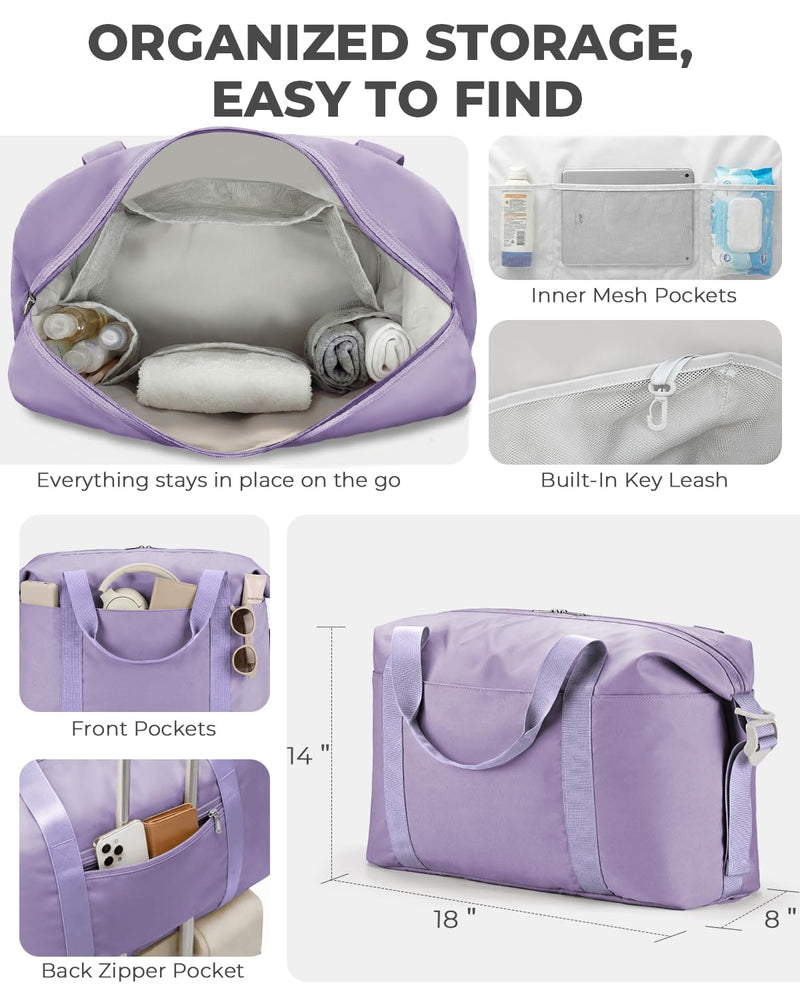 Percover Weekender Travel Duffel Bag for Women, Lightweight Soft-Structure 33L Carry-On, Water-Resistant Nylon with Shoulder Strap & Trolley Sleeve, Personal Item Friendly, Lavender Purple