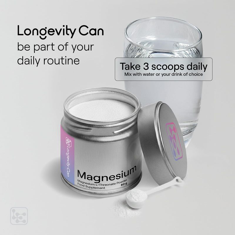 Magnesium L-Threonate Powder 50g | Pure Magnesium L-Threonate | 1500mg (3 Scoops) | ~33 Servings | Unflavoured | Vegan | Additive-Free | Third-Party Tested | Metal Tin
