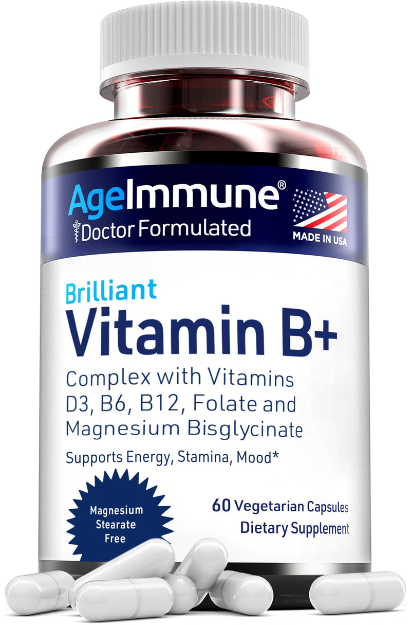 AgeImmune Vitamin B Complex with Vitamin D3 B12 B6 Magnesium Bisglycinate and Folate as Methylfolate - Doctor Formulated Methylated B Complex Supplement – 60 Capsules - Without Niacin 60 Count (Pack of 1)