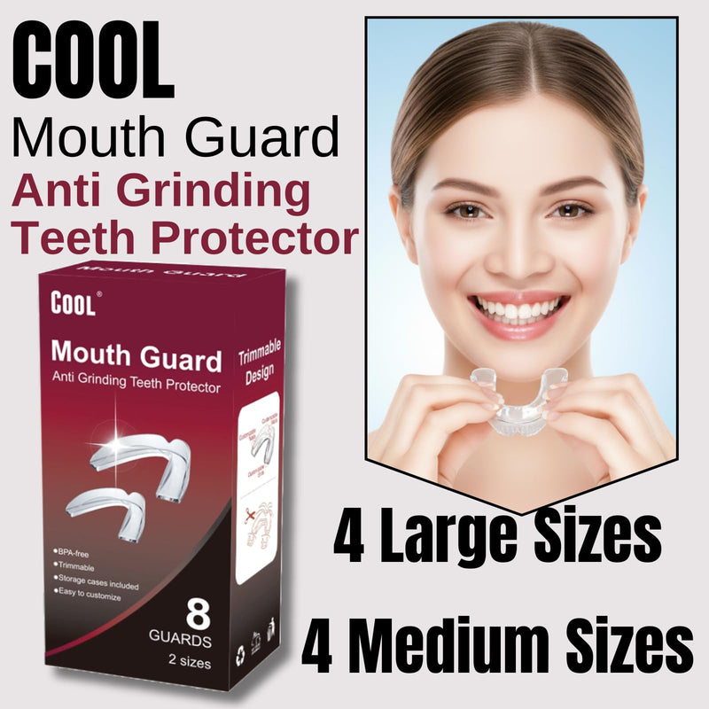 Cool Mouth Guard for Grinding Teeth at Night, 8 Pcs Bite Guard for Teeth Clenching Nighttime, 2 Sizes, BPA Free, 2 Retainer Cases Included