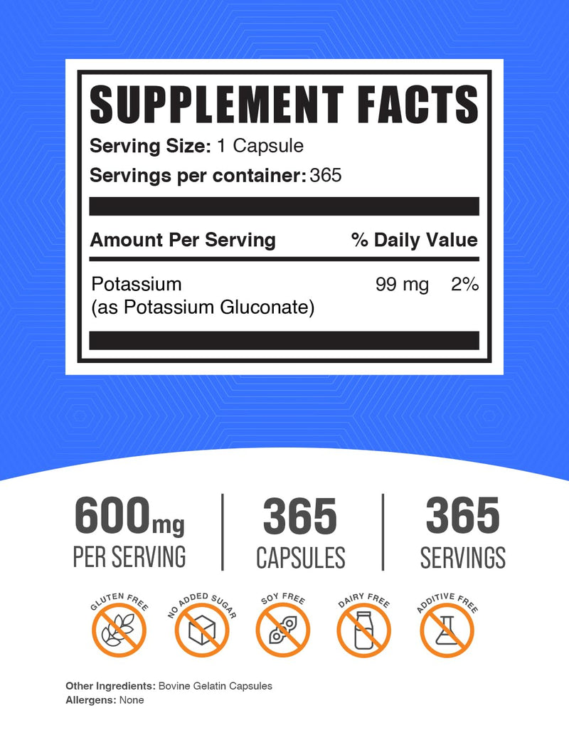 [Australia] - BulkSupplements.com Potassium Gluconate Capsules - Potassium Gluconate Supplement, Potassium Gluconate 600mg, Potassium Supplement - Gluten Free, 1 Capsule per Serving, 365 Capsules (Pack of 1) 