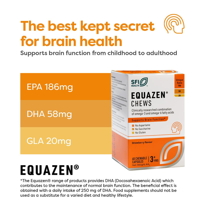 Equazen® Omega 3 & 6 Chews for Kids, Brain & Cognitive Support, DHA, EPA & GLA, Clinically Researched 9:3:1 Formula, Strawberry Flavour, Halal Certified, Age 3+, 60 Pack