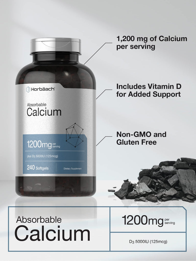 Horbäach Calcium 1200 mg with Vitamin D3 | 240 Softgels | 5000IU Vitamin D3 | Absorbable Calcium Supplement for Women and Men | Non-GMO, Gluten Free 240 Count (Pack of 1)