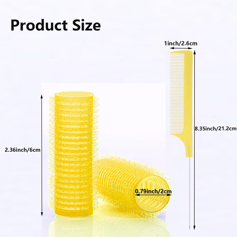 24PCS Self Grip Heatless Rollers Set - Pro Salon Hairdressing Tools for DIY Curly Hairstyles on Medium and Short Hair (0.8in, Yellow), with Rat Tail Comb