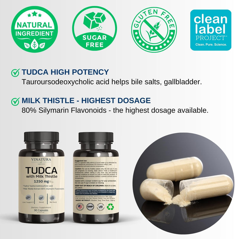 [Australia] - TUDCA Milk Thistle 1250mg - Tudca Supplement, Tudca Bile Salts, Liver Support, Gallbladder Supplements *USA Made and Tested* Bile Salts Supplement - 90 Capsules 