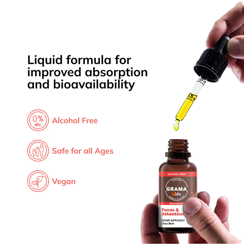 Wellness - Focus & Attention Organic Kids Brain Vitamins & Cognitive Support Drops, ADHD Supplement with Ginkgo Biloba, Rhodiola, Gotu Kola, Licorice Root | Made in USA – 30 Servings