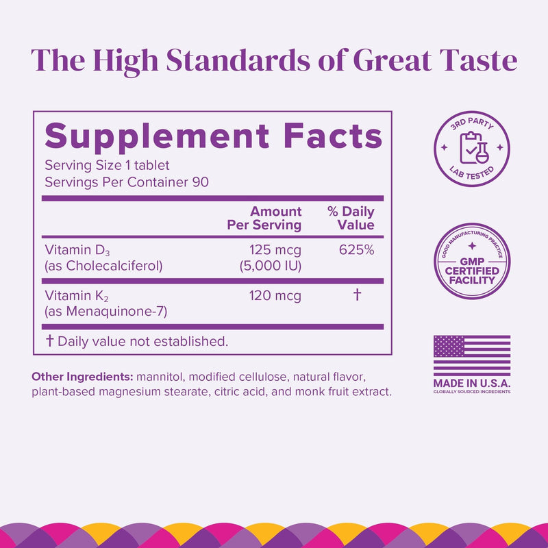 BariMelts Vitamin D3 K2-180 Fast-Dissolving Tablets (6-Month Supply) - Bariatric Vitamins for Women with Vitamin D3 5000 IU and K2 as MK-7, Natural Apple Flavor 90 Count (Pack of 2)
