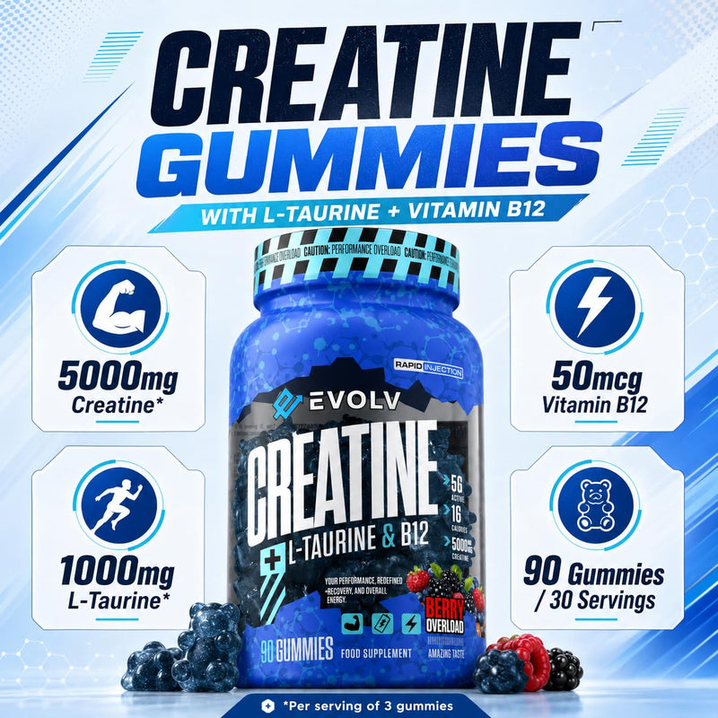 Creatine Monohydrate Gummies + L-Taurine & B12 | 90 Vegan | Overload Creatine Gummies 5000mg | Pre Workout & Post Workout Energy for Men & Women | Sugar-Free Creatine Max