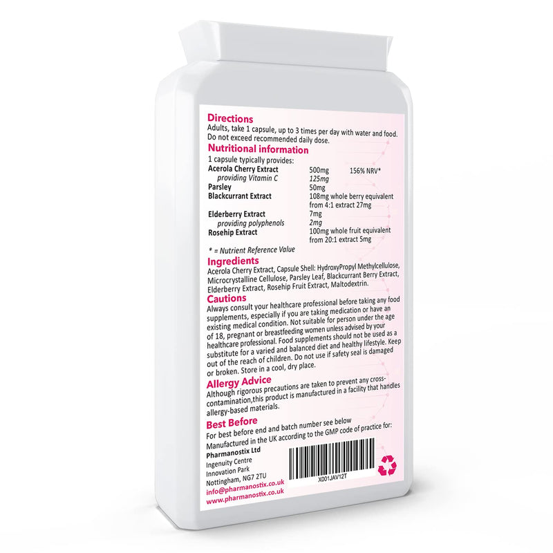 Natural Food Vitamin C 120 Capsules - Immune Support & Fatigue Reduction - Containing Acerola Cherry, Rosehip, Blackcurrant and Elderberry - Gentle & Non-Acidic - Optimum Absorption - UK Manufactured