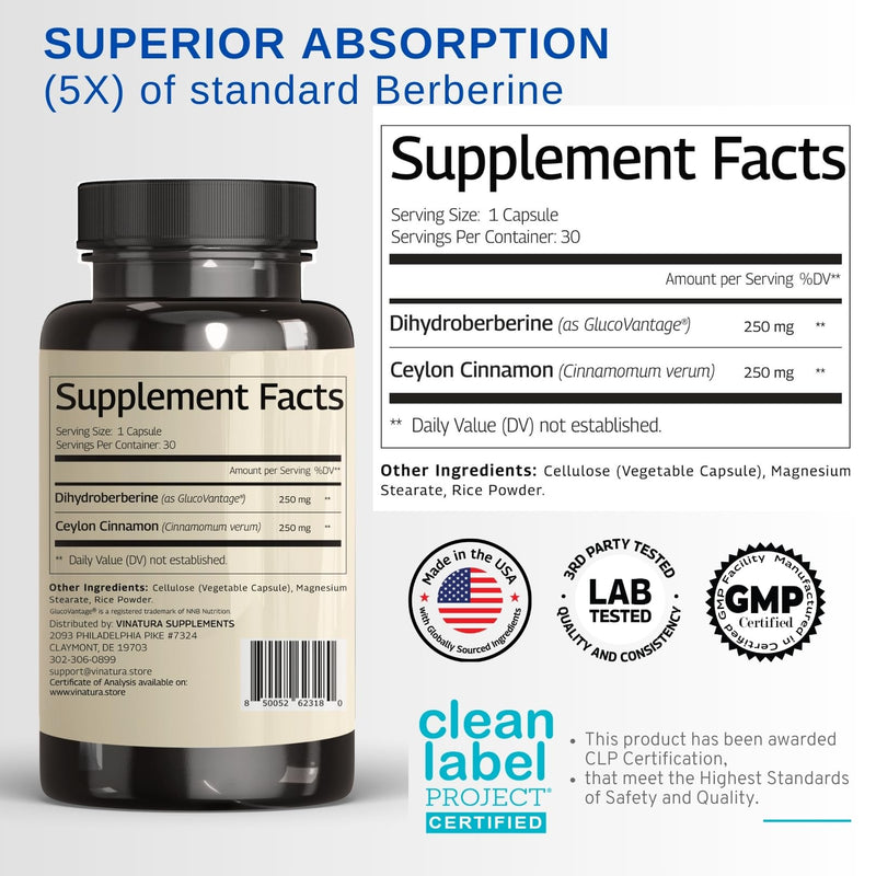 [Australia] - Dihydroberberine Supplement with Ceylon Cinnamon, 500mg - (Patented GlucoVantage Super Berberine), Maybe Berberine 5X More absorbable - 30 Capsules 
