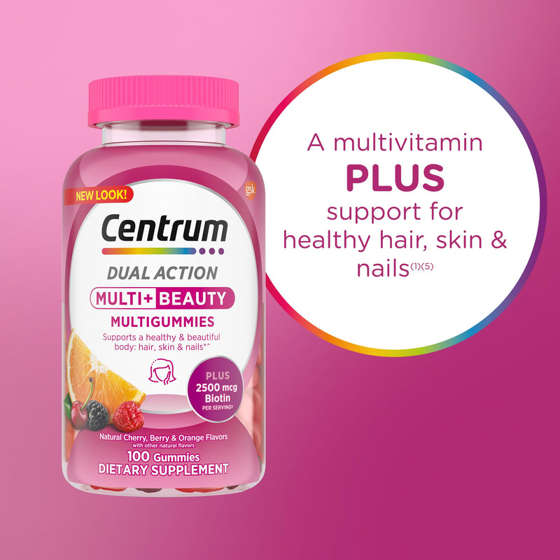 Centrum Multivitamin Gummy, 100 Count (Pack of 1) | Beauty Dual Action Multivitamin, Specially Designed with Biotin for Healthy Hair, Skin and Nails, GLP-1 Support 100 Count (Pack of 1)