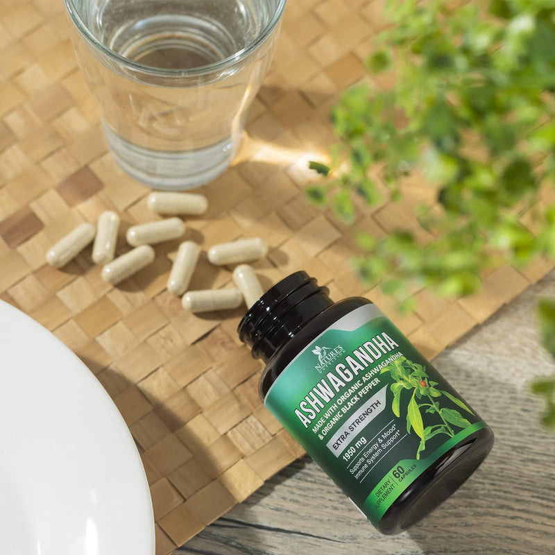 [Australia] - Nature's Nutrition Organic Ashwagandha Capsules Extra Strength 1950mg - Stress Support Formula - Natural Mood Support - Focus & Energy Support Supplement - 60 Capsules 60 Count (Pack of 1) 