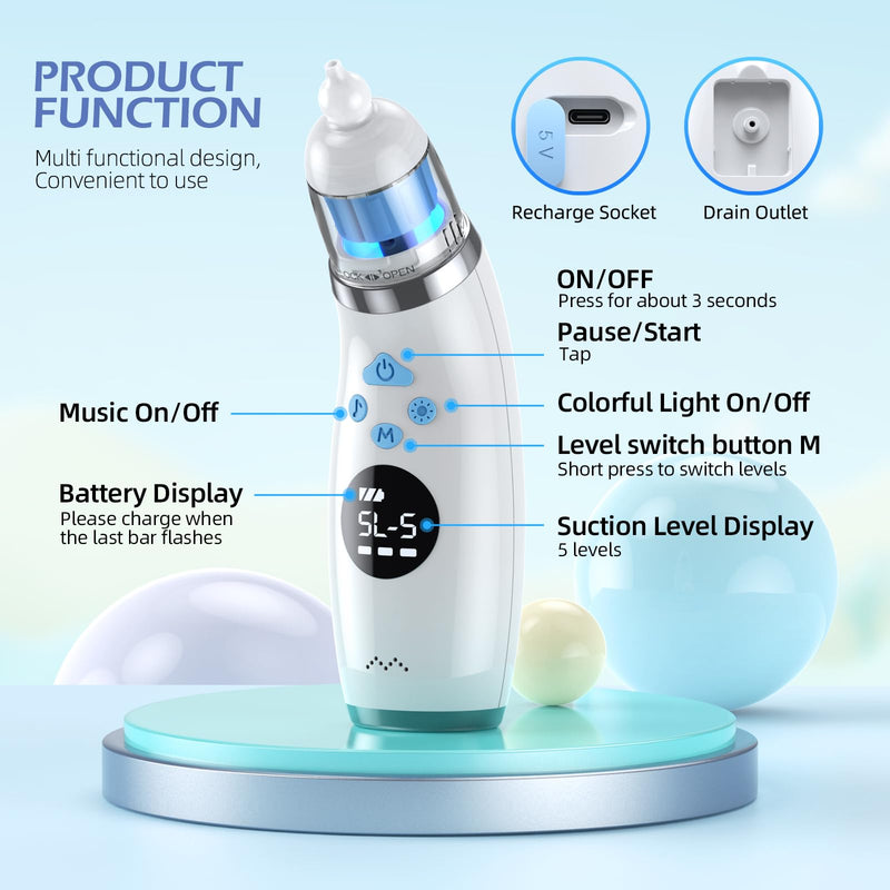 [Australia] - Nasal Aspirator for Baby with Light and Music, Electric Babies Nose Sucker with 3 Soft Silicone Tips, 5 Levels Suction Adjustment Nose Cleaner for Kids Girl Boy Adult Pets 