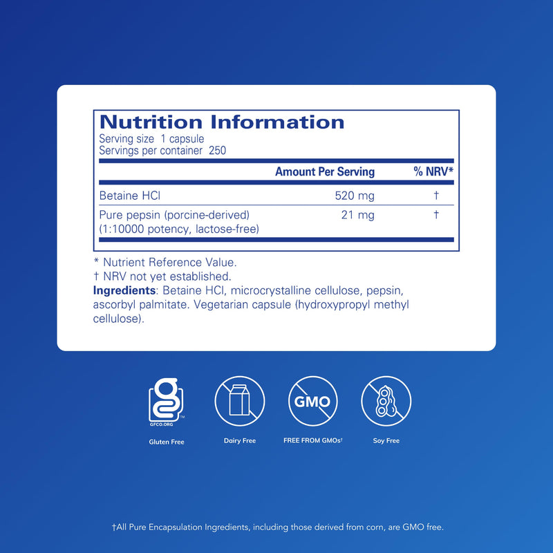 Pure Encapsulations Betaine HCl Pepsin - Acidic Betaine with Protein-Digesting Enzyme, 250 Capsules