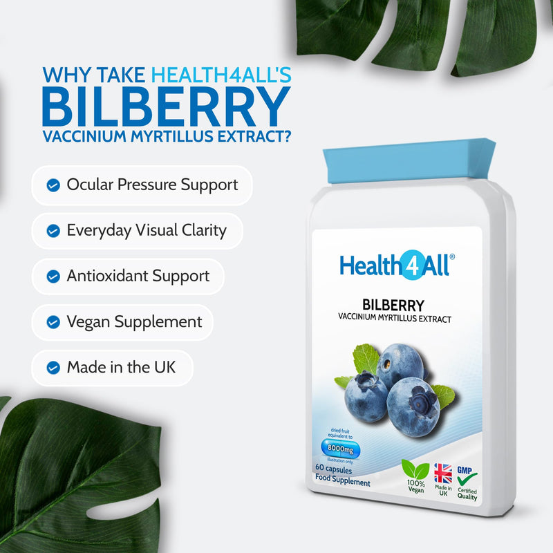Health4All Bilberry Extract 8,000mg per Capsule, 60 Capsules 2 Months Supply, Pure High Strength Bilberry Eye Supplement, Antioxidant for Eye Health with Anthocyanidins, Easy to Swallow | Made in UK 60 count (Pack of 1)