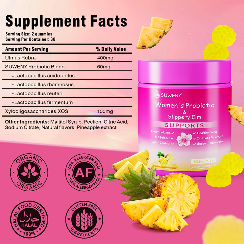 Feminine Probiotics Gummies for Women, Vaginal Probiotics for pH Balance, Odor, Yeast & Flora Balance, Gut Health & Immune Support with Slippery Elm, Prebiotics & Lactobacillus, Pineapple, 60 Gummies