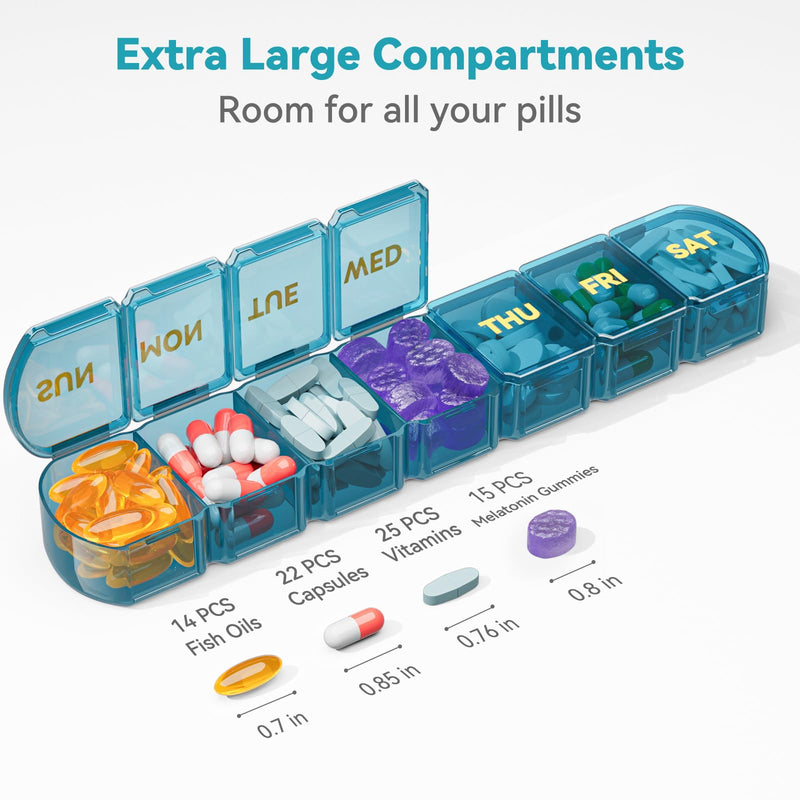 Large Pill Organizer Weekly - 7 Day Compartments with Easy-Open Design | SHIJOINYU XL Pill Box with High-Capacity, Daily Medicine Pill Organizer for Vitamins, Supplements, Fish Oils Blue