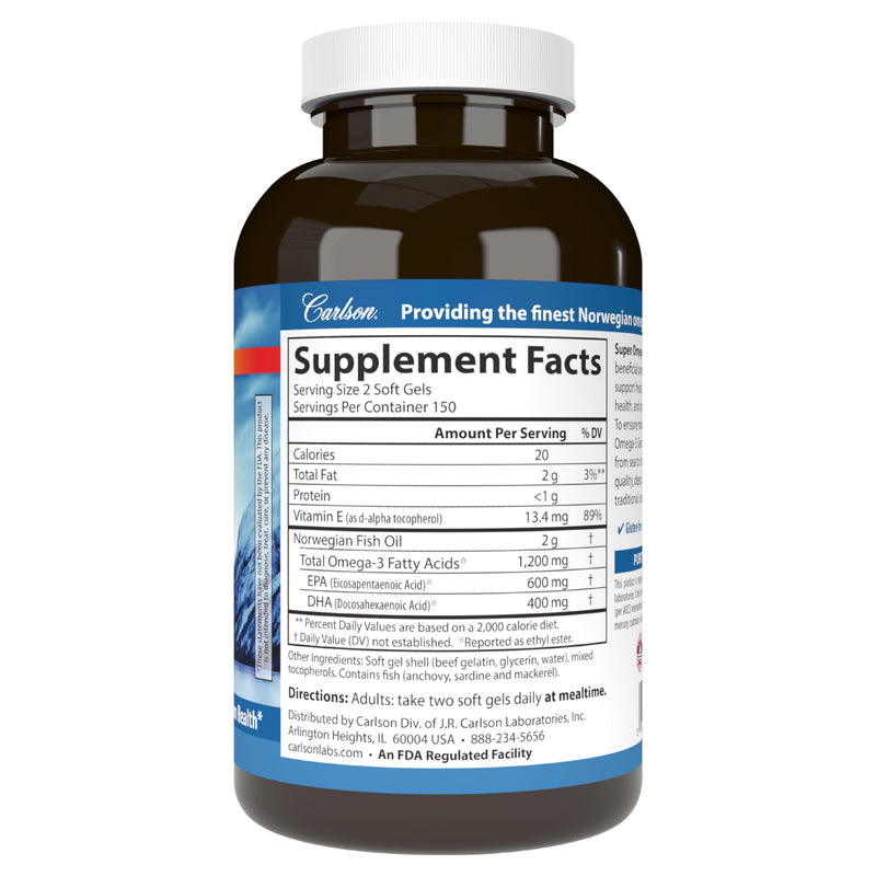 Carlson Super Omega-3 Gems, 1200 mg, Omega-3s, 300 Softgels | with EPA and DHA; Wild Caught Norwegian Fish Oil Supplement; Sustainably Sourced Fish Oil Capsules; Omega 3 Supplements Unflavored 300 Count (Pack of 1)