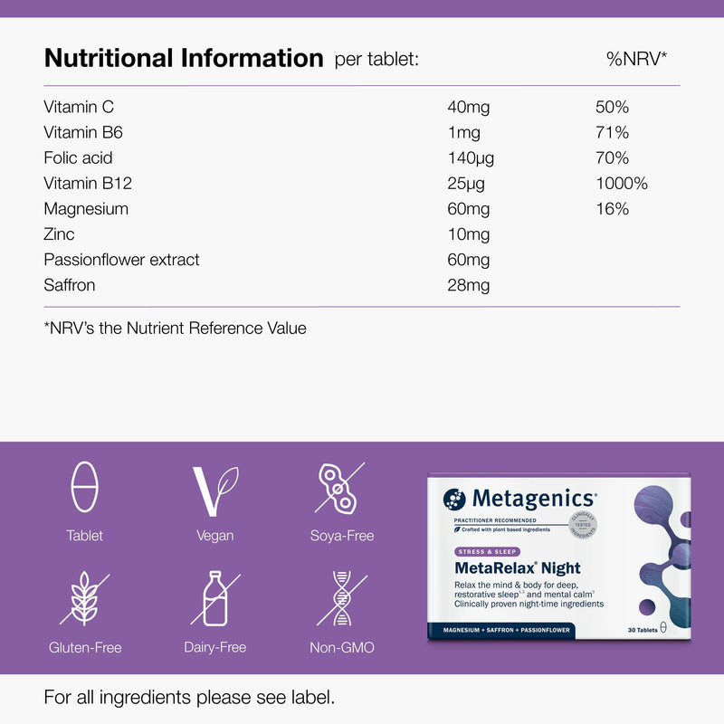 Metagenics MetaRelax Night - Supplement for Bedtime - with Passionflower, Magnesium, Saffron, Zinc & B Vitamins - Vegan - 30 Tablets