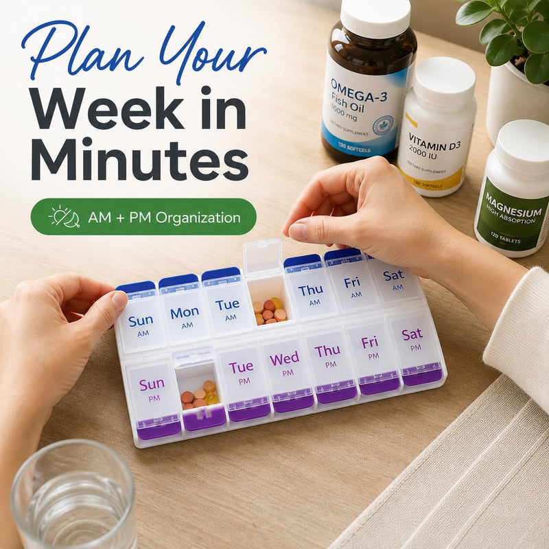 Jumbo AM PM Pill Organizer 7 Day - Weekly Pill Box 2 Times a Day | Push-Button Easy Open Clear Lids, BPA Free Plastic for Vitamins, Supplements and Medication