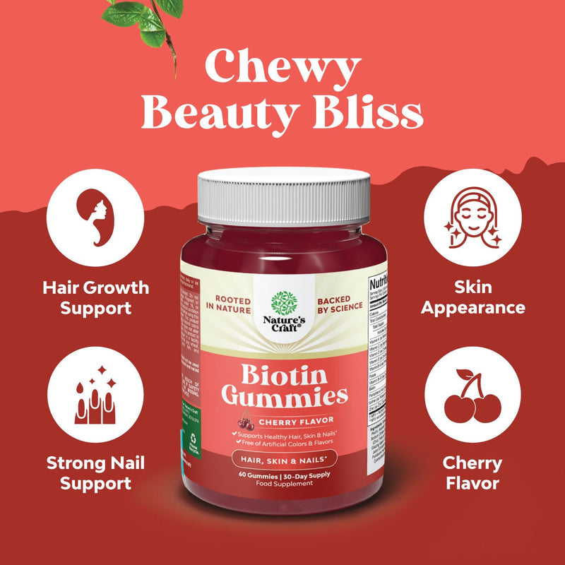 Natural Biotin Hair Growth Gummies - High Potency Biotin Vitamins Hair Skin and Nails Vitamins B, A, C & D for Women & Men - Pantothenic Acid for Better Absorption - 60 Count