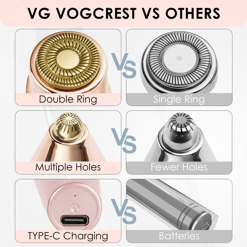 VG VOGCREST Eyebrow Facial Trimmer: 2 in1 Rechargeable Facial Hair Removal and Eyebrow Shaver - Face Lips Body Painless Facial Razor with Built-in LED Light (Pink) Pink