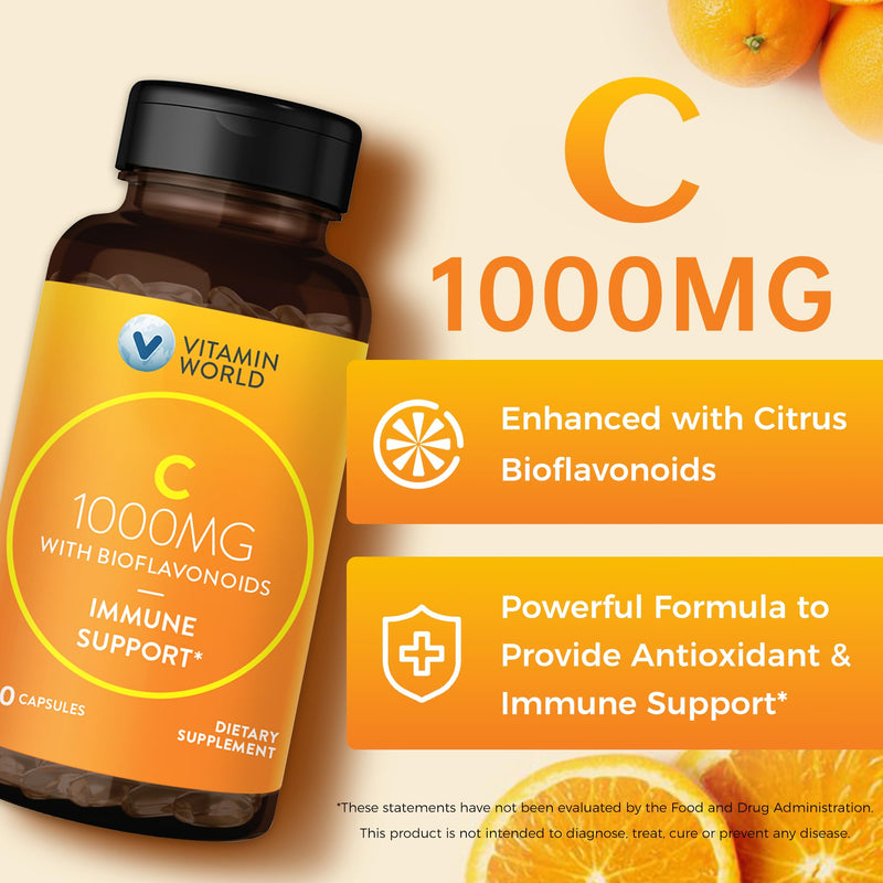 Vitamin World Vitamin C 1000 mg with Bioflavonoids, 100 Capsules | Immune Support, Antioxidant Protection, Vitamin C Supplement for Collagen Production, Bone & Skin Health, Gluten Free
