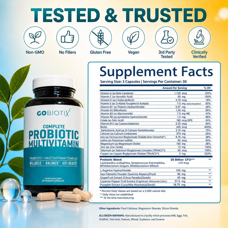 GOBIOTIX Multivitamin with Probiotics and Digestive Enzymes - 25 Billion CFU - Digestive Health, Probiotics for Women and Men - Gluten Free Pills - 90 Capsules 90 Count (Pack of 1)