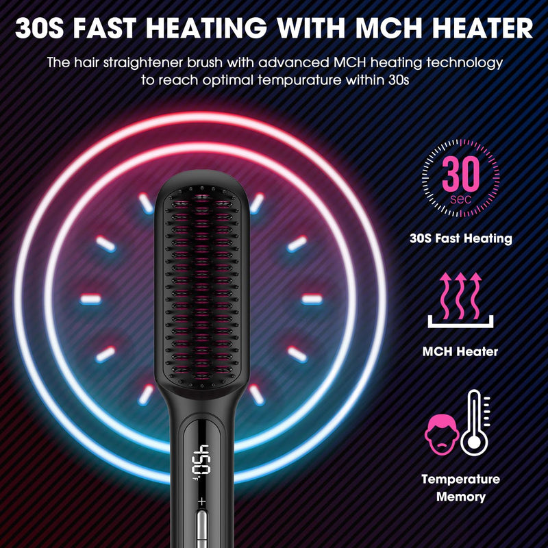[Australia] - MiroPure Hair Straightener Brush with Plasma Technique, Ceramic Straightening Brush with 16 Temp Settings 30s Fast Heating, Hair Straightener Comb for Women with LED Display & Dual Voltage, Black 