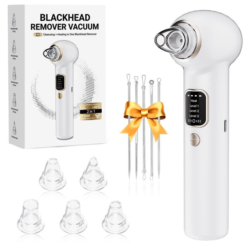 Pore Vacuum Blackhead Remover Kit - 5 Suction Heads & Extractor Tools, 3 Adjustable Suction Levels - Facial Pore Cleansing for Women&Men (White) White