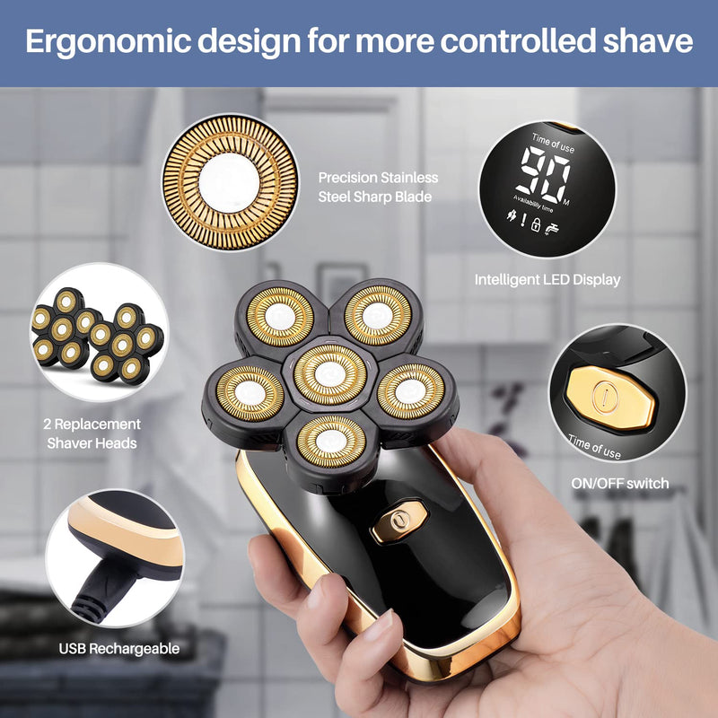 [Australia] - Head Shavers for Bald Men Rotary Electric Razor Cordless Electric Shaver Rechargeable Head Shaver Waterproof Mens Head Razor Multifunctional Shaving Grooming Kit for Balder Gold 