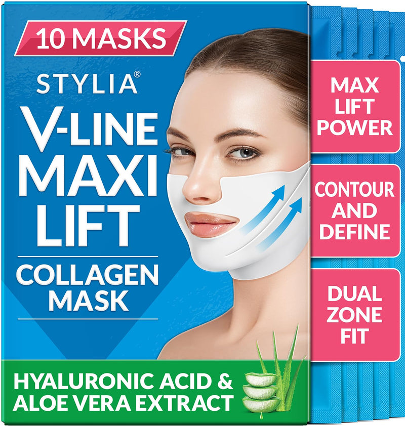 [Australia] - Stylia MaxiLift V-Line Lifting Collagen Face Mask - Advanced Double Chin Reducer - Jawline Shaper - Neck Firming and Tightening Mask with Hyaluronic Acid & Aloe Vera - Chin Strap for Sleeping (10PC) 10 Count (Pack of 1) V-Line MaxiLift 