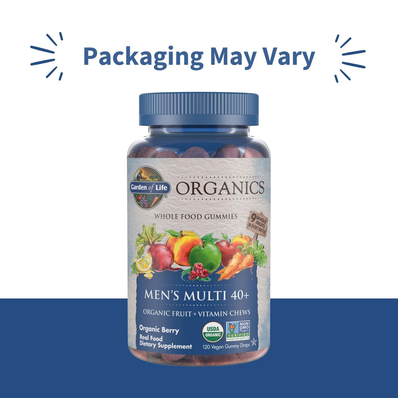 Garden of Life Organics Men 40+ Gummy Vitamins - Berry - Certified Organic, Non-GMO, Vegan, Kosher Complete Multi - Methyl B12, C & D3 - Gluten, Soy & Dairy Free, 120 Real Fruit Gummies, (Pack of 2) 120 Count (Pack of 2)