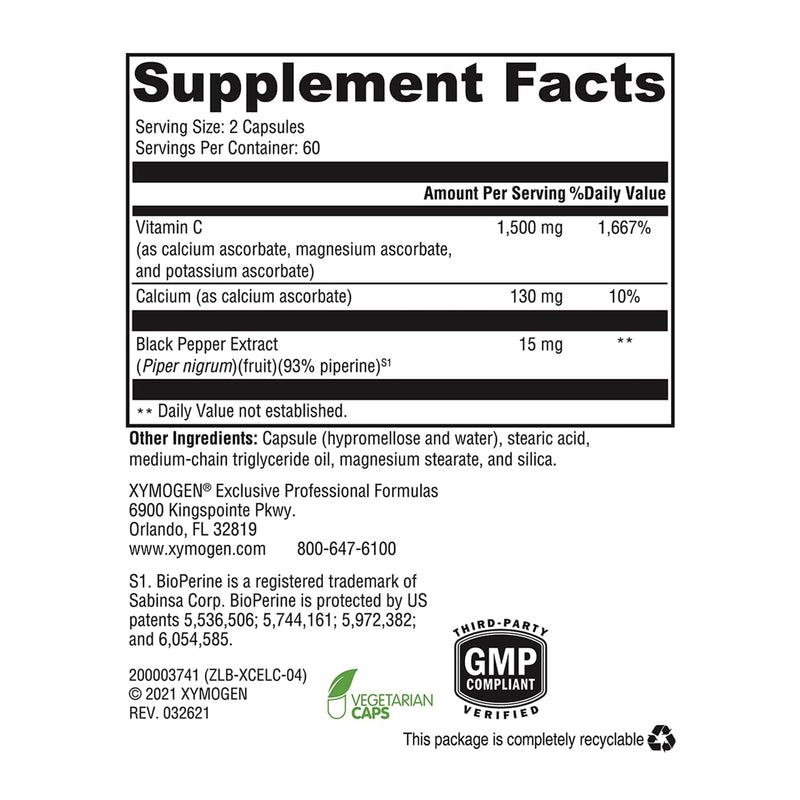 XYMOGEN Xcellent C, 120 Capsules | 750 mg Vitamin C with BioPerine, Immune, Antioxidant, and Collagen Support, Vegan, Gluten-Free, and Non-GMO