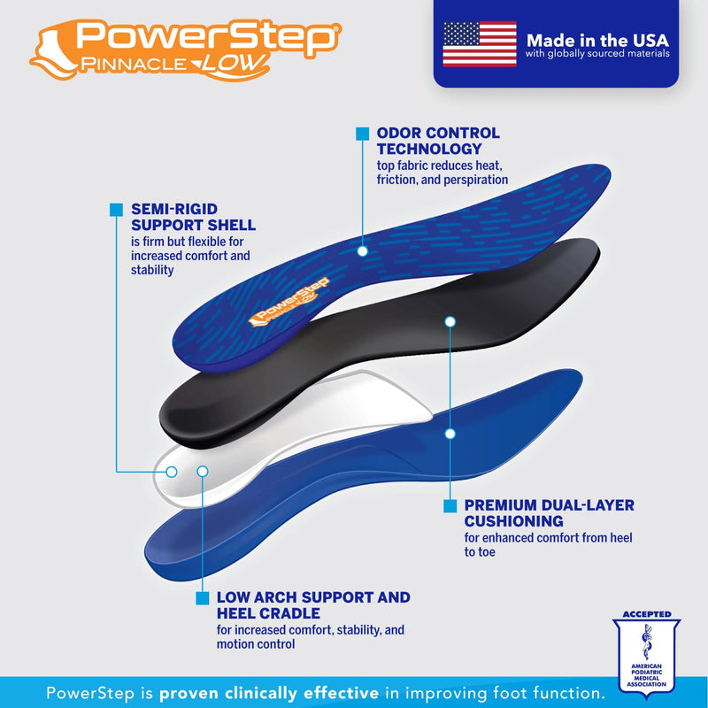 [Australia] - PowerStep Pinnacle Low Insoles, Supports Flat Feet, Plantar Fasciitis Relief, Overpronation, Arch Support, Heel Pain, All Day Comfort for Men and Women, Made in The USA Blue/Orange Men's 12-13 