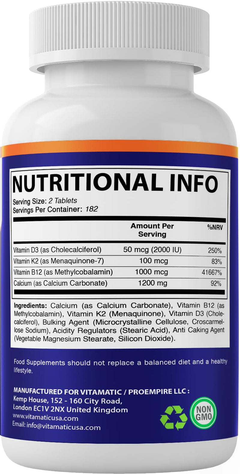 Vitamatic Calcium Supplement 1200mg with D3, K2 & B12, Immune & Bone Health Support - 365 Coated Tablets