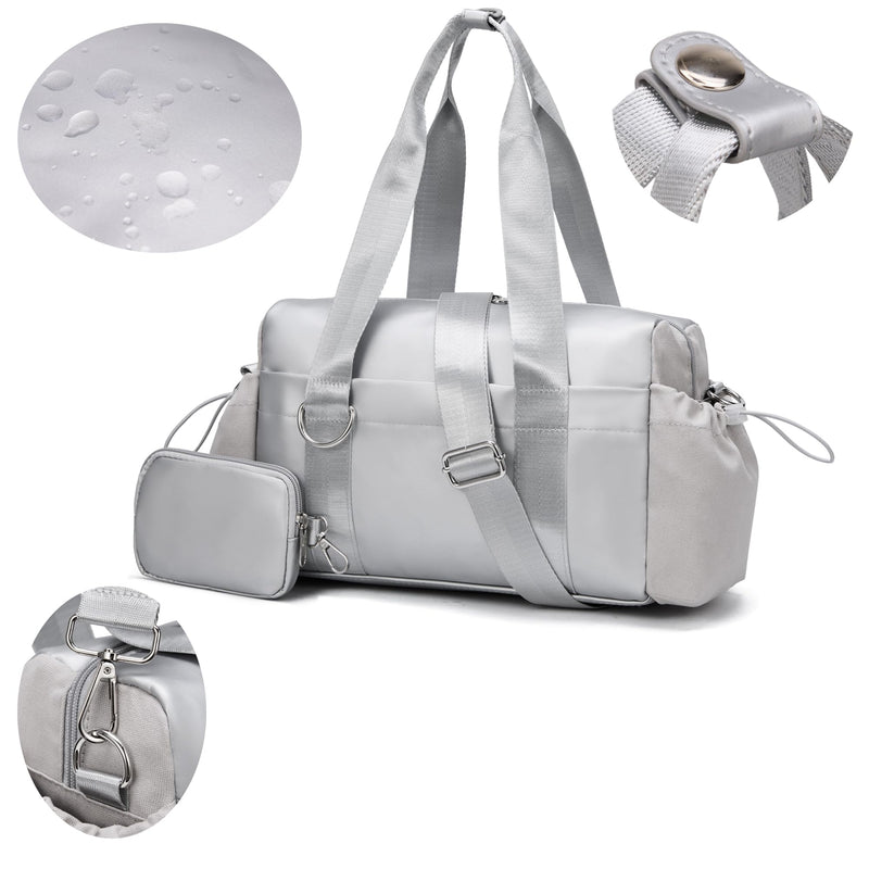Everyday Mini Gym Bag for Women 2.0, Small Tote with Zipper Compartment Waterproof Travel Duffle Cute Handbag Workout Carry On with Removeable Shoulder Strap & Coin Wallet Easy to Clean-Silver Silver
